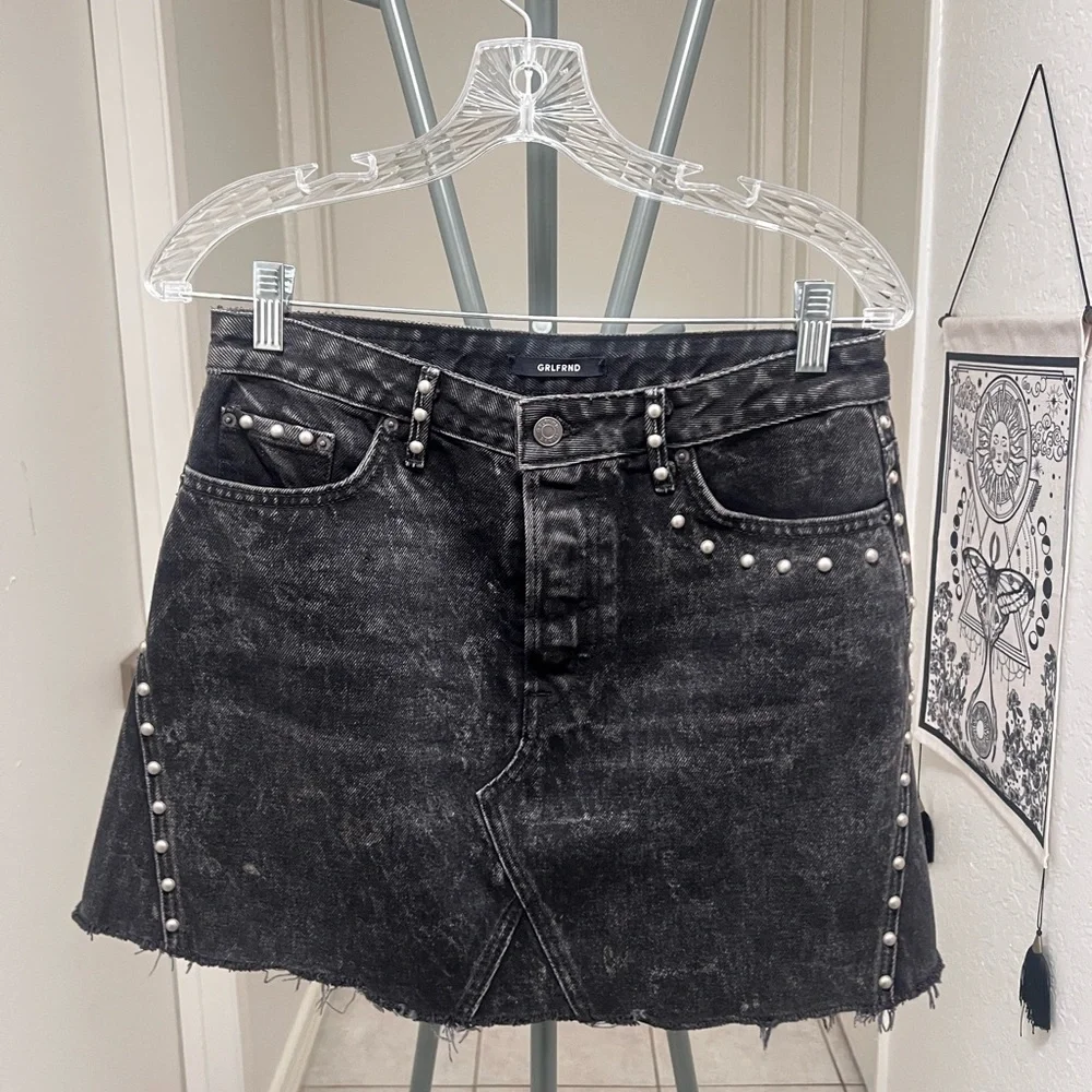 GRLFRND Black Denim Mini Skirt with Stud Trim